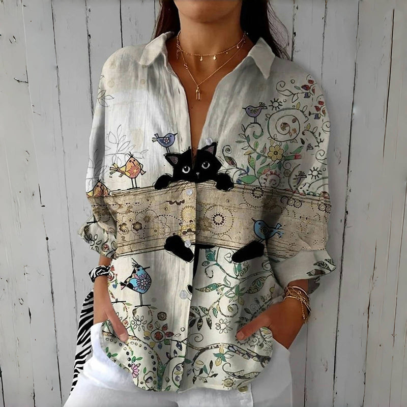 Vintage Creative Cat Print Blouse