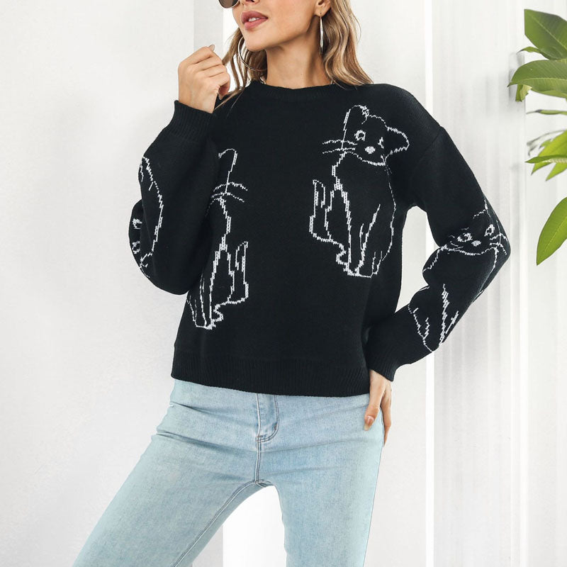 Cat Print Knit Sweater