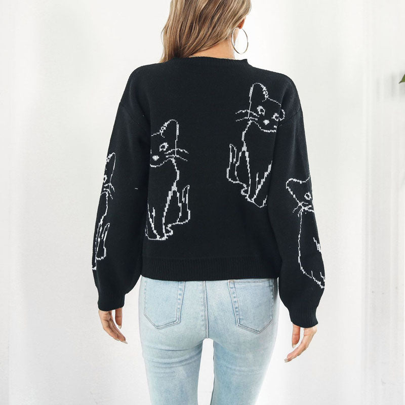 Cat Print Knit Sweater