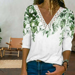 Leaf Print Lace Patchwork T-Shirt