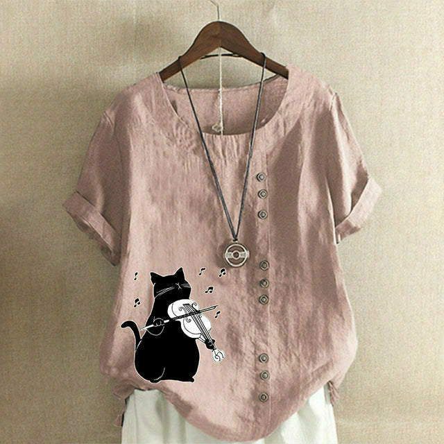 【Cotton And Linen】Cute Cat Print Blouse