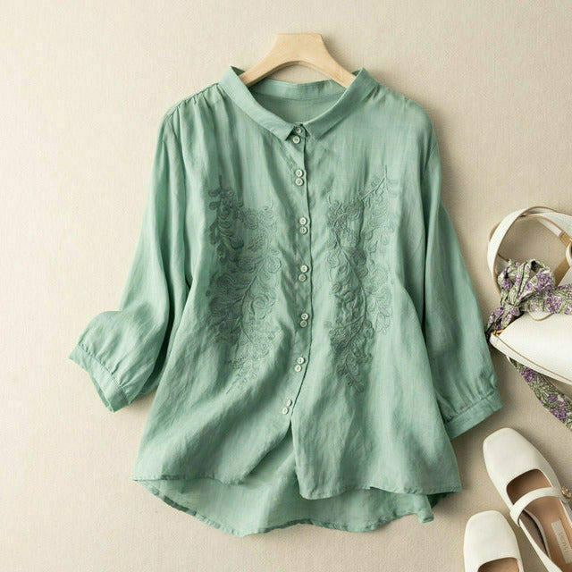 Leaf Embroidery Casual Blouse