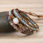 Natural Opal Stone Rhinestone Leather Wrap Bracelet