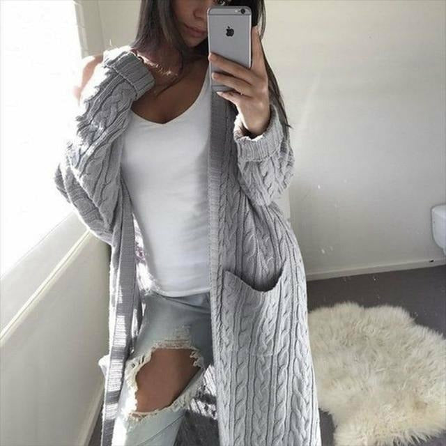 Roawell Coats Light grey / XL Casual Knitted Long Cardigan