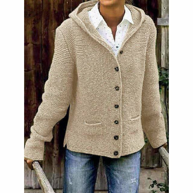 Roawell Khaki / S Hooded Long Sleeve Knitted Coat